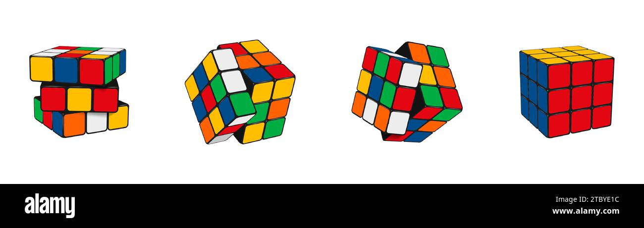 Rubik-Würfel. Puzzle-Spielzeug. Spiel das Gedankenspiel. Zufällige Kombinationen. Unterhaltung schwieriger gelöster Probleme. Intelligenzkonzept. Farbe quadratischer Block Stock Vektor