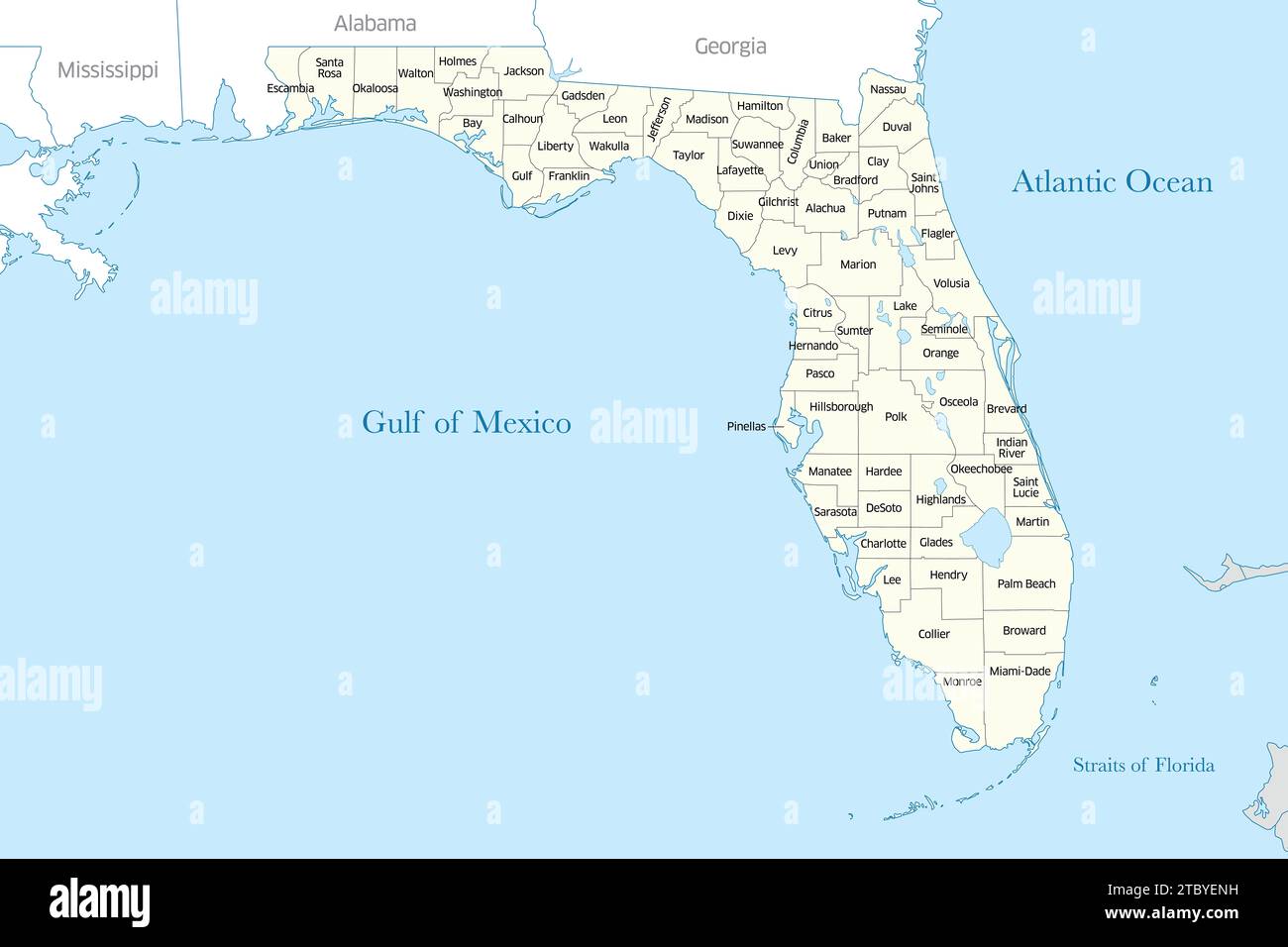 Karte der Countys des Bundesstaates Florida Stockfoto
