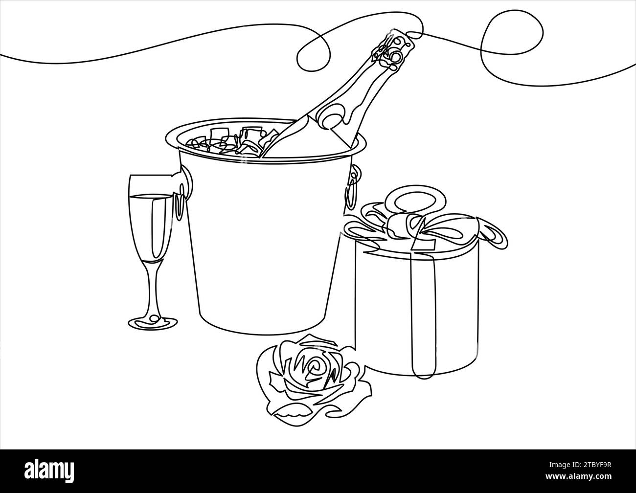 Sektflasche, Gläser, Geschenkbox und Rosenblüten - durchgehende Linienzeichnung Stock Vektor