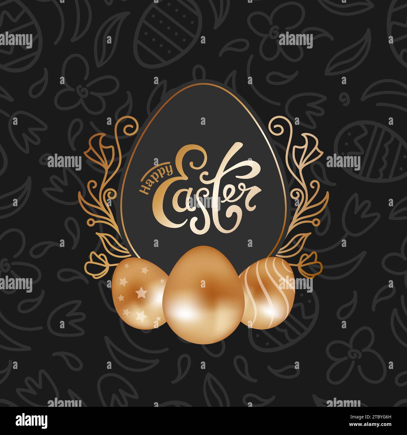 Frohe Ostern. Quadratisches schwarzes Banner, glänzende goldene Schokoladeneier im realistischen Stil, Frühlingsblumen, Doodle. Vintage-Schriftzug. Vektorabbildung für po Stock Vektor