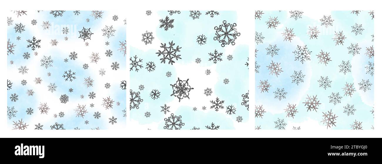 Silberne Schneeflocke Aquarellblau nahtloses Muster Set für Textil oder Tapeten Vektor-Hintergrund für Weihnachtsdesign. Stock Vektor