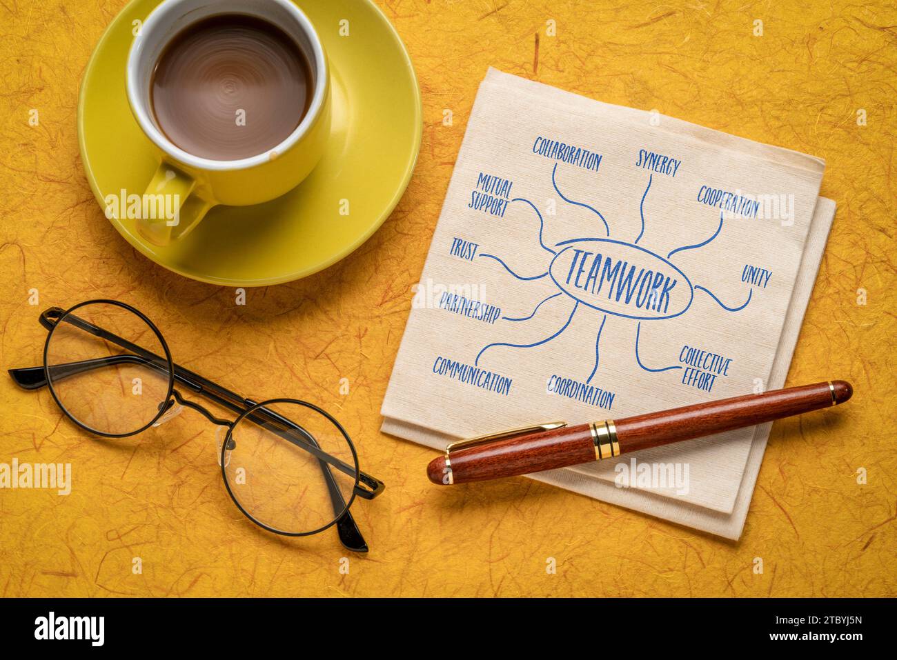 Teamwork – Infografiken oder Mindmap-Skizzen auf einer Serviette mit Kaffee, Geschäftskonzept Stockfoto