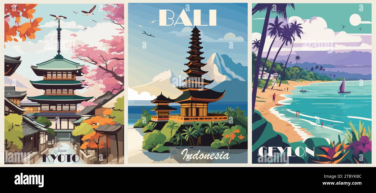 Set mit Postern zum Reiseziel im Retro-Stil. Stock Vektor