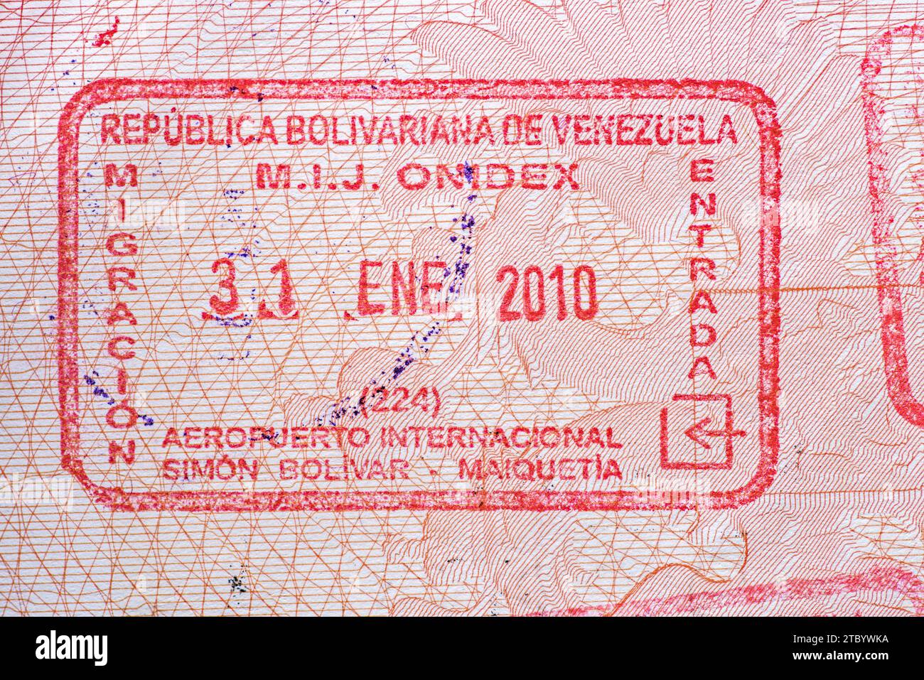 Grenzstempel im Pass beim Überschreiten der Staatsgrenze zu Venezuela. Stockfoto