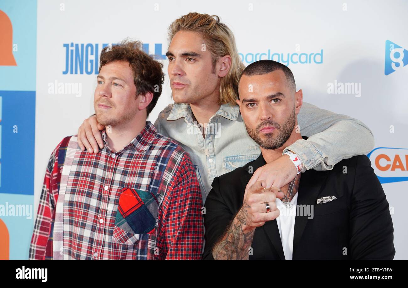 James Bourne, Charlie Simpson und Matt Willis am ersten Tag des Jingle Bell Ball mit Barclaycard in der Londoner O2 Arena. Bilddatum: Samstag, 9. Dezember 2023. Stockfoto