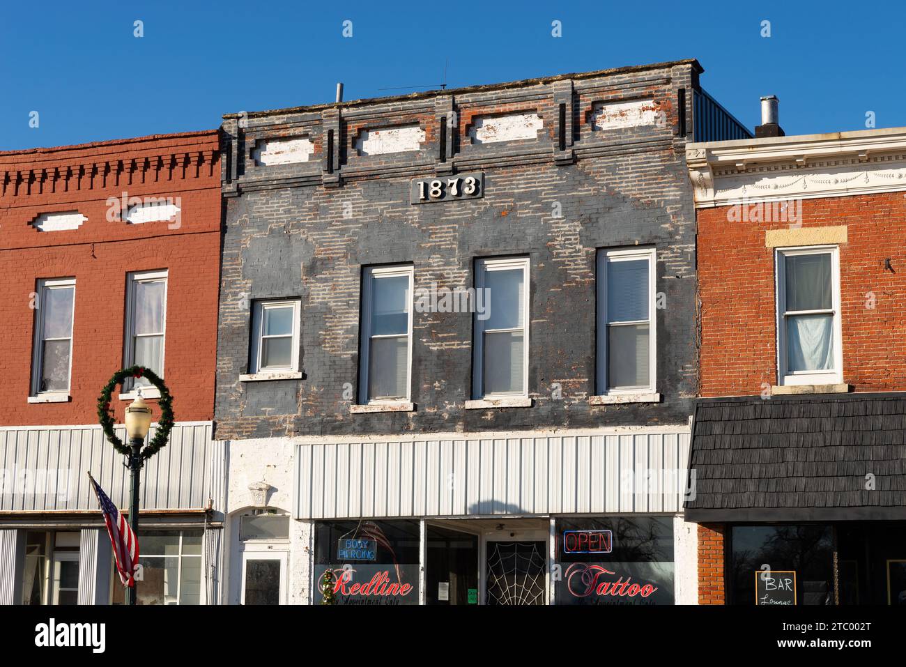 Mendota, Illinois - USA - 7. Dezember 2023: Gebäude in der Innenstadt und Geschäfte in Mendota, Illinois, USA. Stockfoto