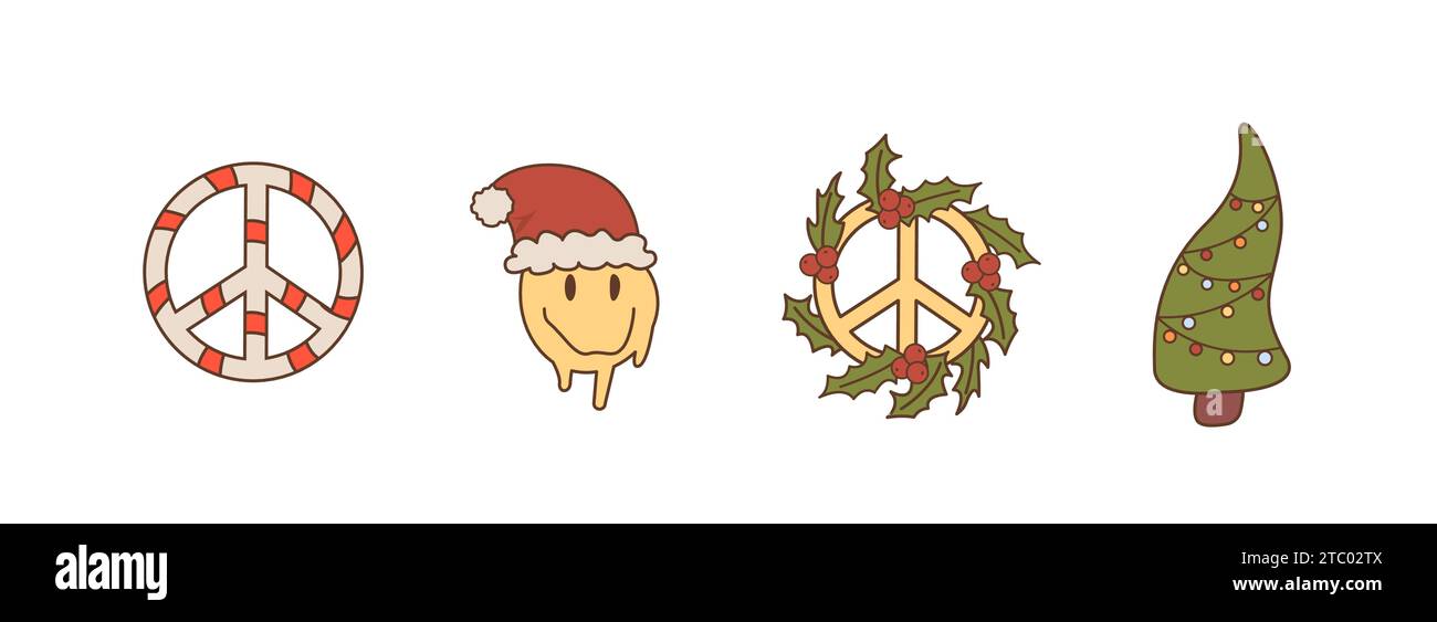 Grooviges Hippie-Set im Retro-Look. Trippiger Weihnachtsbaum, Friedenszeichen, Lächeln mit weihnachtsmütze, Hippie-Symbol mit Mistel. 60er Jahre inspirierte trendige Collage aus den 70er Jahren Stock Vektor