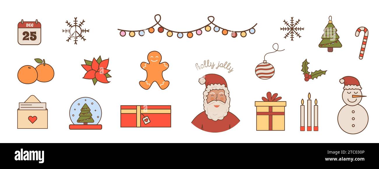 Frohe Weihnachten und Happy New Year Vektorkollektion im Retro-Stil der 60er 70er Jahre. Groovige Elemente für den Winterurlaub. Positive Hippie-Weihnachtssymbole. Vektorillust Stock Vektor