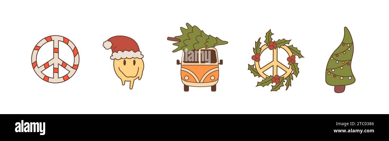 Grooviges Hippie-Set im Retro-Look. Trippiger Weihnachtsbaum, Vintage-Wohnmobil, Friedensschild, Lächeln Gesicht mit weihnachtsmann Hut. Von den 60er Jahren inspirierte trendige Kollektion aus den 70er Jahren Stock Vektor