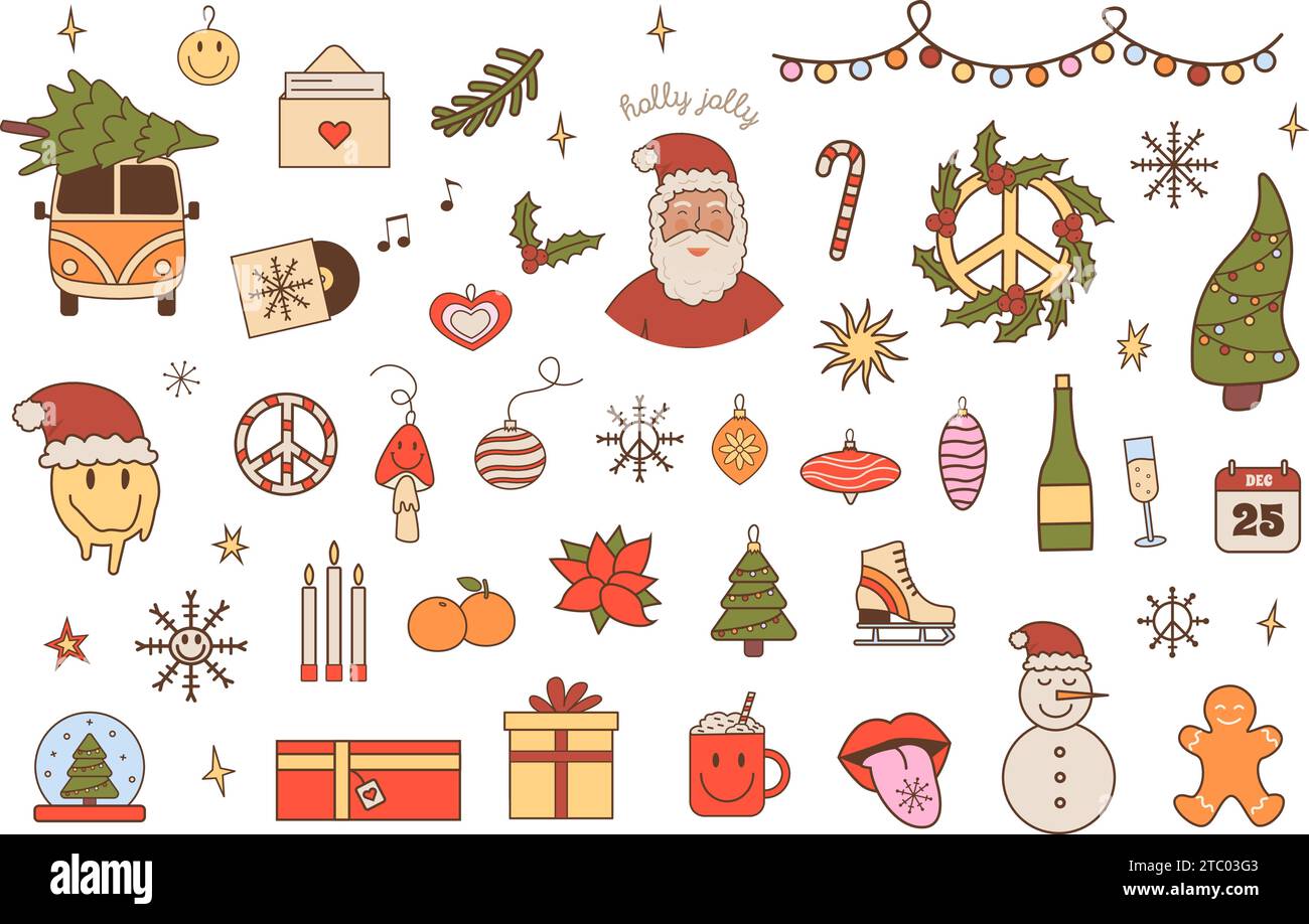 Frohe Weihnachten und Happy New Year Vektorkollektion im Retro-Stil der 60er 70er Jahre. Groovige Elemente für den Winterurlaub. Stickerpackung mit positivem Hippie Xmas ic Stock Vektor