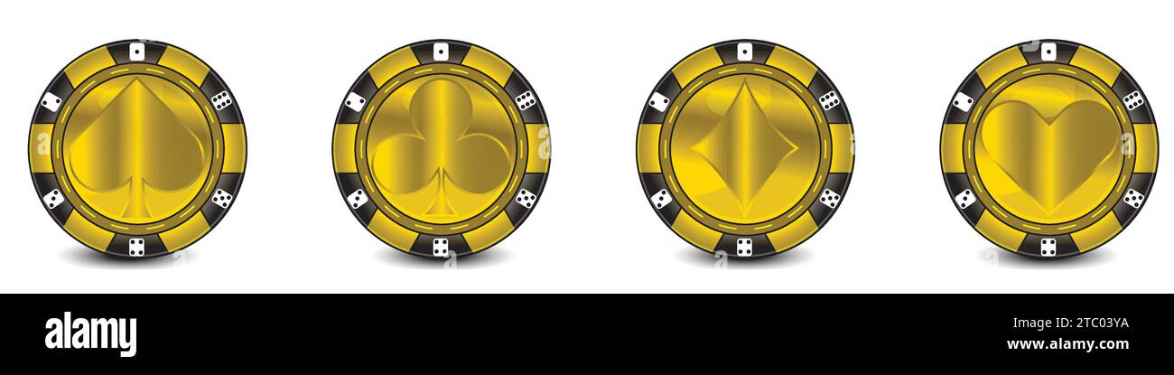 Gold Poker Chip mit Kartenanzügen auf jedem Chip, Symbol für Web oder Game App, Online Gambling Clipart, Vektor Illustration Stock Vektor