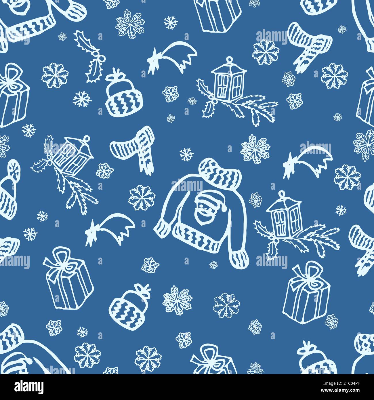 Kuscheliges, nahtloses Wintermuster mit handgezeichneten Elementen aus Geschenk, Schnee, Stern. Endlose Textur für Geschenkverpackungen, Tapeten, Webbanner und Geschenkpapier Stock Vektor