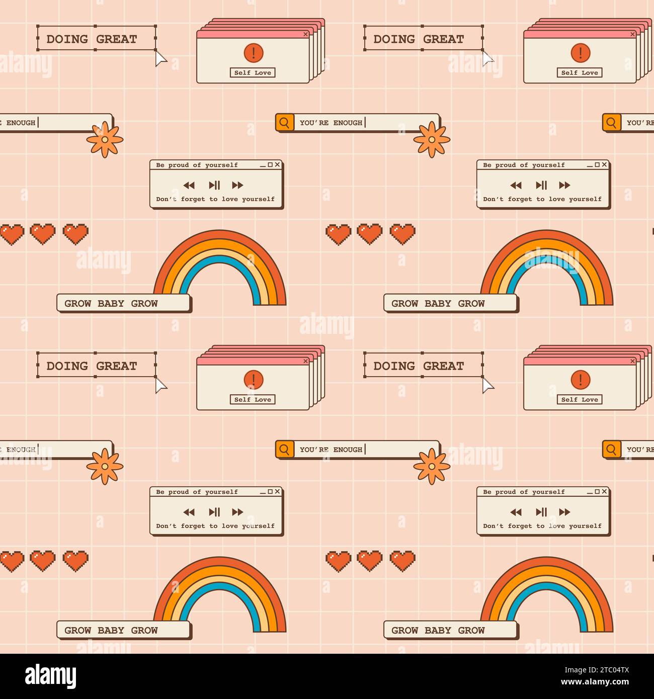Abstraktes, grooviges, nahtloses Muster im Retro-Stil der 80er Jahre der 90er Jahre mit positiven Zitaten und Phrasen, nostalgischen Elementen und Aufklebern. Hintergrund in Vaporwave Old Stock Vektor