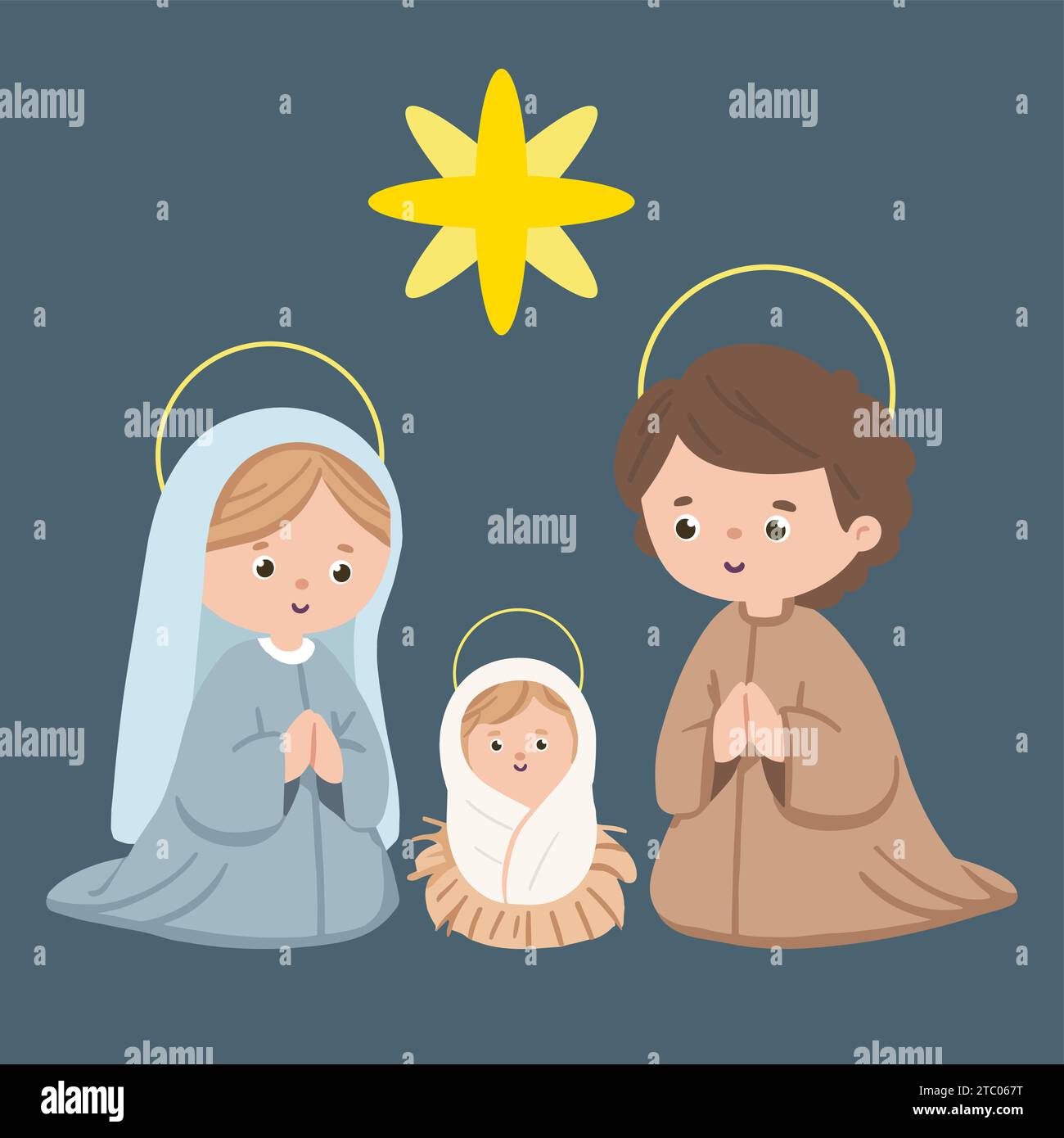 Krippe. Niedliche Heilige Familie. Weihnachtsfiguren Clipart für Kinder Stock Vektor