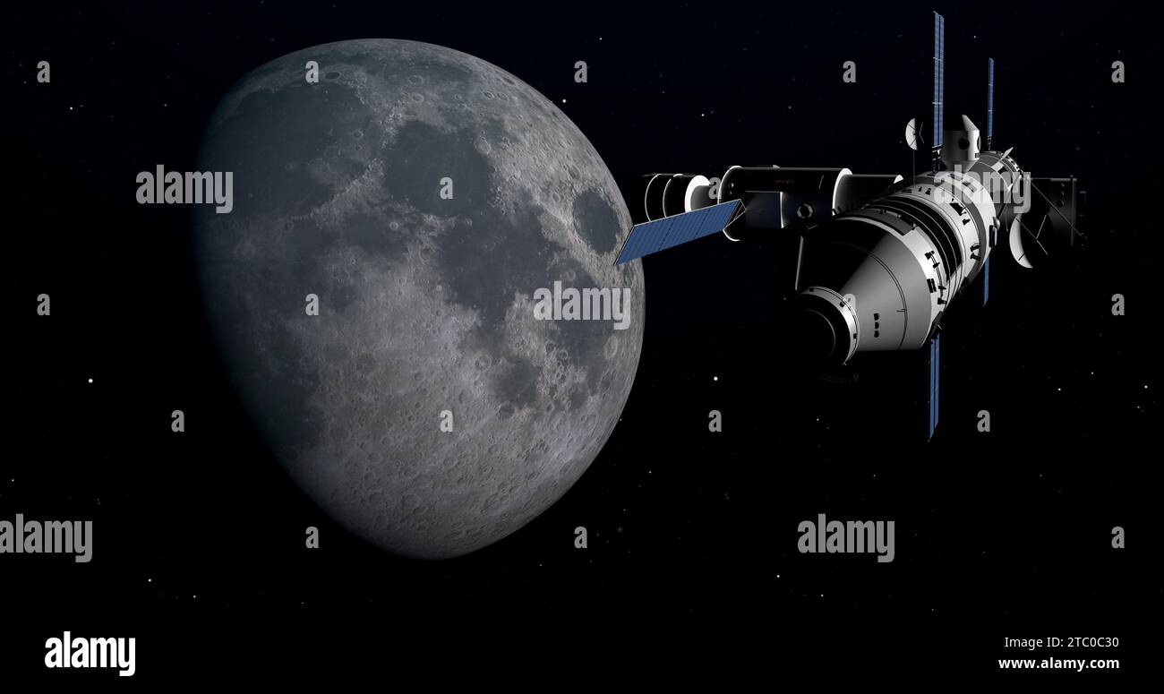 Raumschiff kommt bei Moon an, Raummission zum Erdsatelliten. 3D Science Fiction. Stockfoto