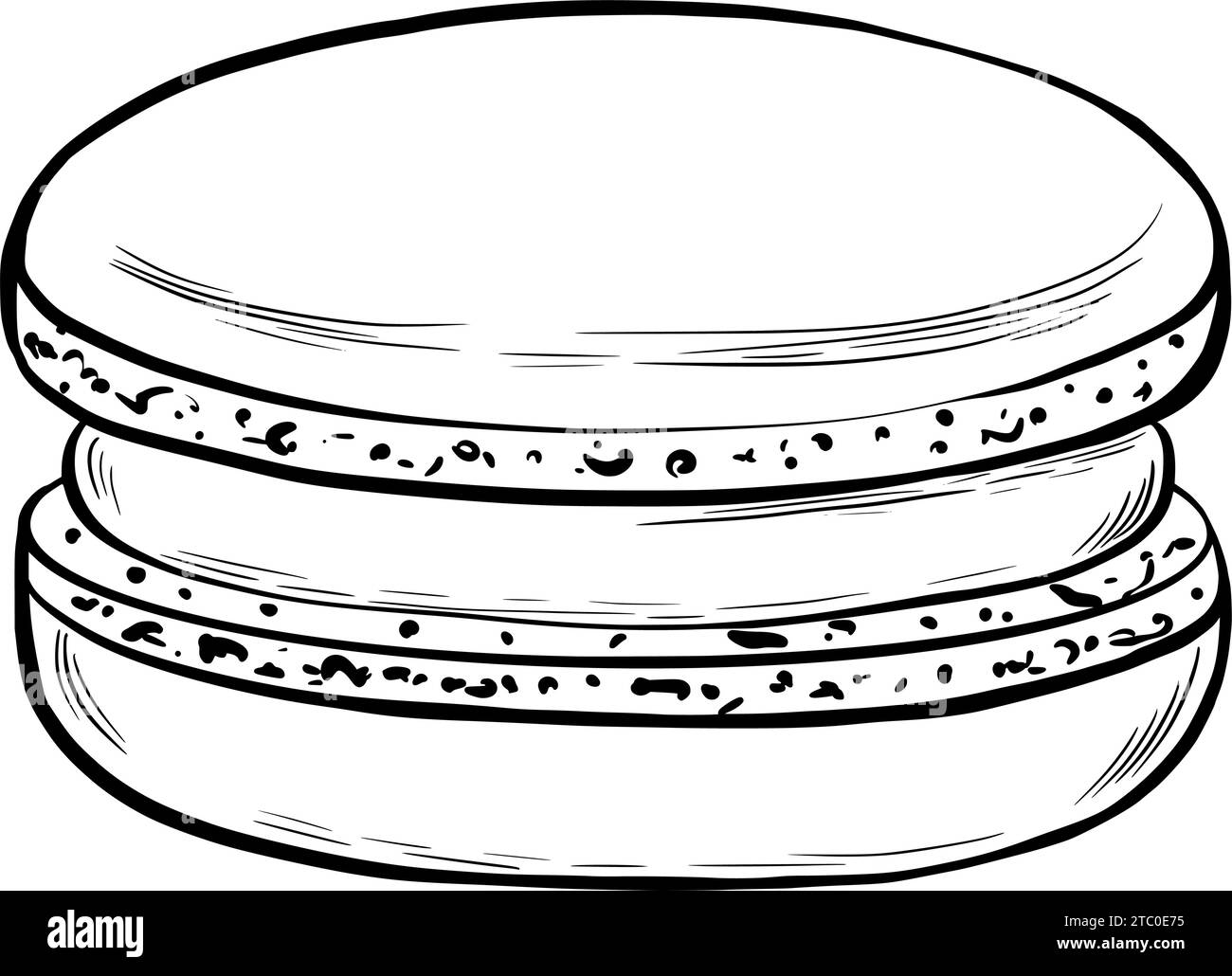 Makronen im Grafikstil. Universeller Druck für Ihre kulinarischen Notizen, Rezepte, Karten, Kochbücher, Textilien. Vektorabbildung. Hand gezeichnet in einem einfachen Stock Vektor