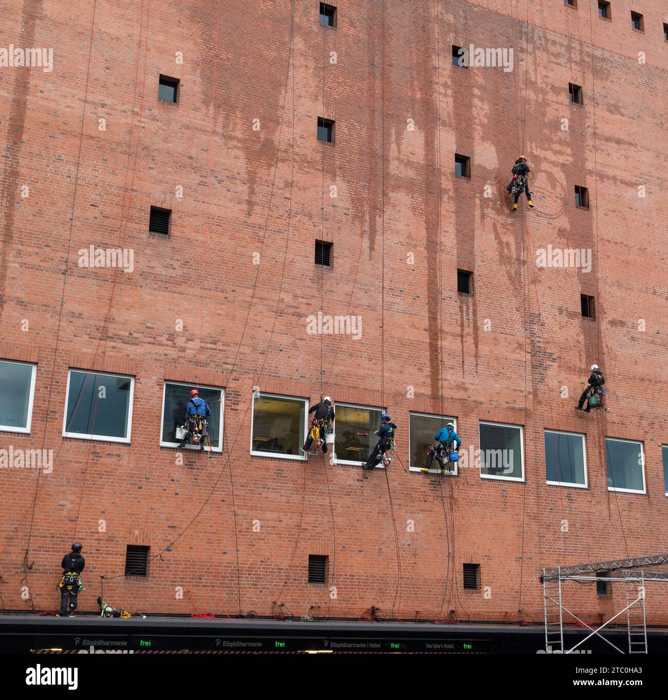 Fensterreinigung mit Abseilgeräten an der Elbphilharmonie Hamburg aus der Elbe, Hamburg. Stockfoto