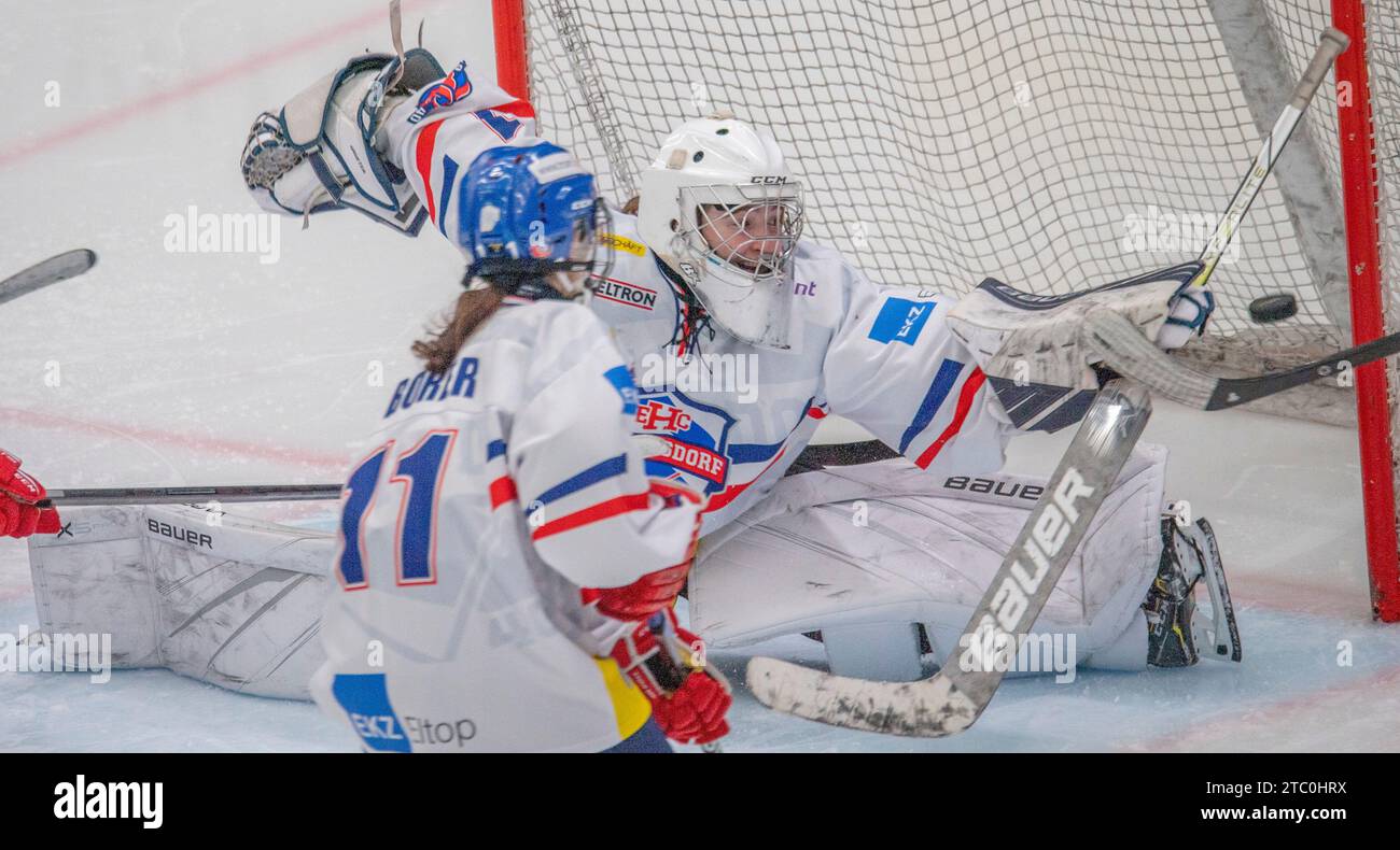 Lausanne, Waadt, Schweiz. Dezember 2023. Lausanne Schweiz, 12.09.2023: Julia WEBER (Torwart) von EHC Bassersdorf Frauen #1 ist im 10. Spiel in Aktion. Das 10. Spiel fand in der Waadtländer Arena in Lausanne zwischen Lausanne HC Women's und EHC Bassersdorf Women's statt Der EHC Bassersdorf gewann mit 6:2. (Kreditbild: © Eric Dubost/ZUMA Press Wire) NUR REDAKTIONELLE VERWENDUNG! Nicht für kommerzielle ZWECKE! Quelle: ZUMA Press, Inc./Alamy Live News Stockfoto