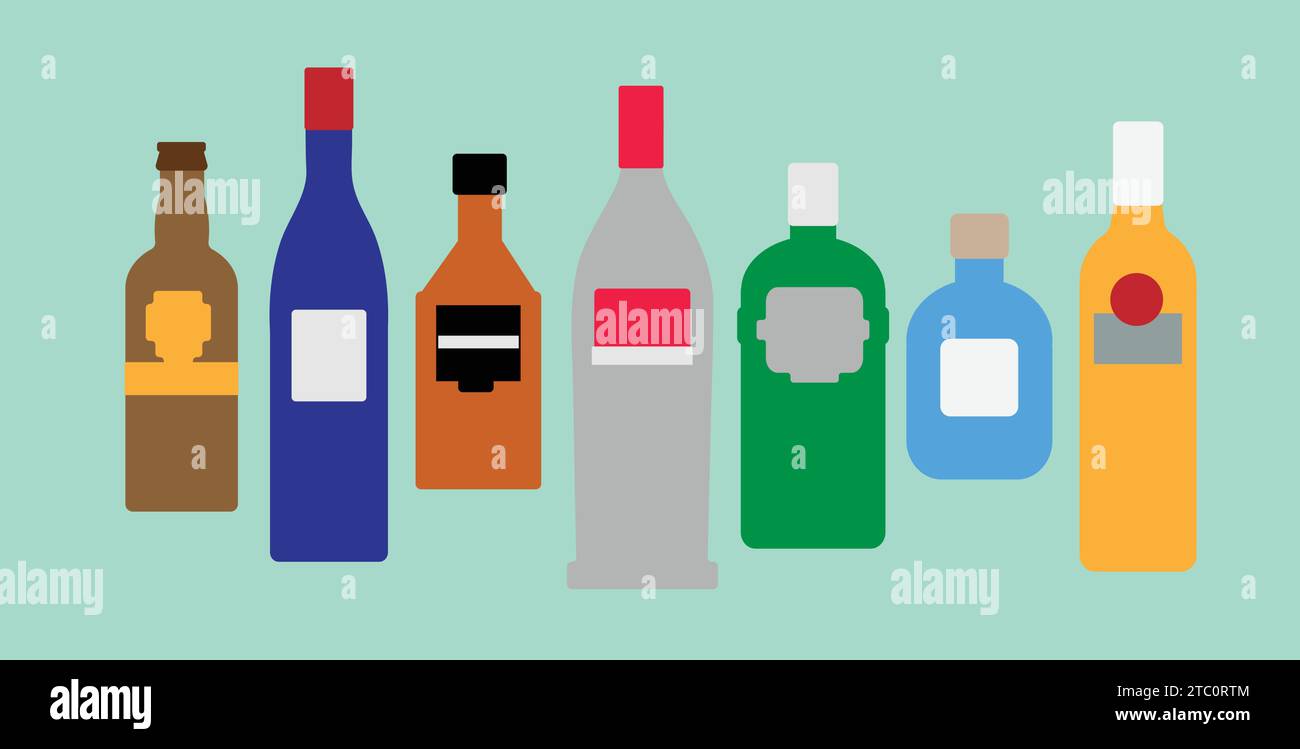 Symbolsymbole für Alkoholflaschen (Bier, Wein, Whiskey, Vodka, Gin, Tequila und Rum) auf grünem Hintergrund. Vektorabbildung bearbeitbar Stock Vektor
