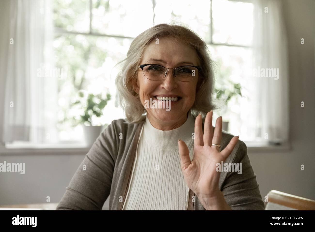Lächelnde, reife Lehrerin in Brille, die Hand zur Kamera winkt Stockfoto