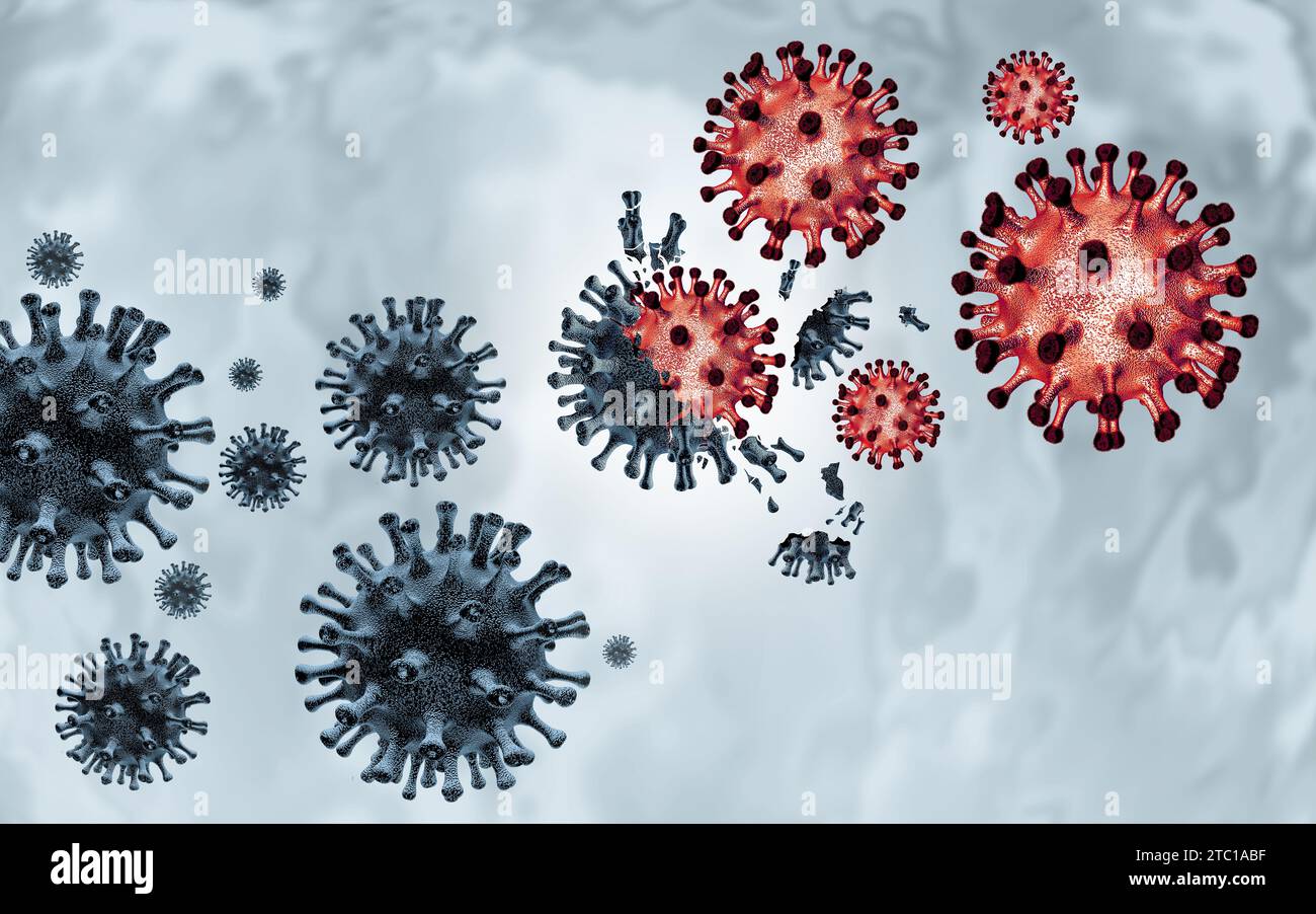 Neue COVID-Variante als Pirola- oder BA.2,86-Variante als Coronavirus-Ausbruch oder Anstieg eines mutierten Virus als Virusmutationen, die sich ausbreiten und das p infizieren Stockfoto