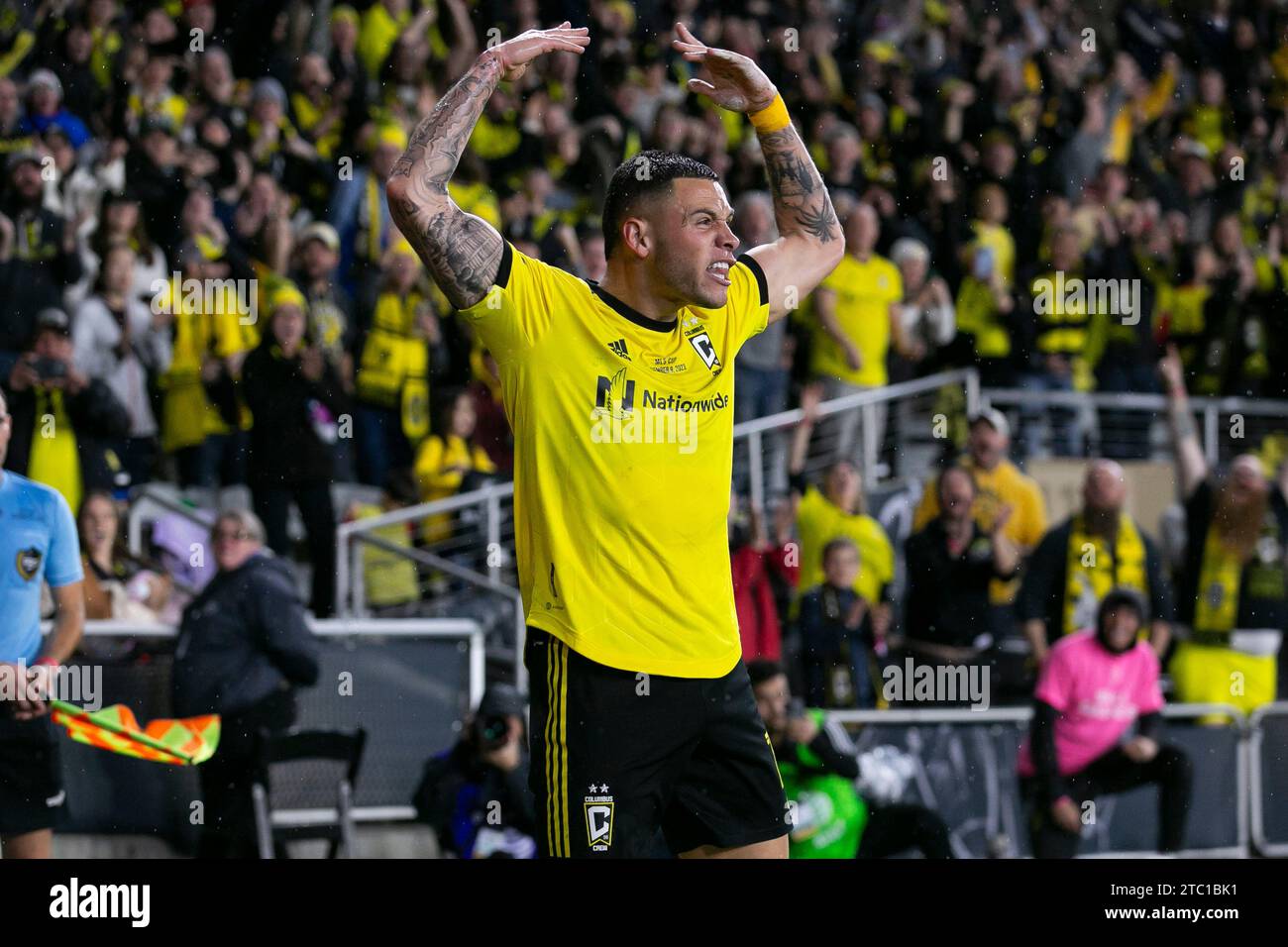 Columbus, Ohio, USA. Dezember 2023. Kolumbus-Crew Christian Ramírez (17). Die Columbus Crew gewinnt ihren dritten MLS Cup und besiegt den Titelverteidiger LAFC mit 2:1. (Kindell Buchanan/Alamy Live News) Stockfoto