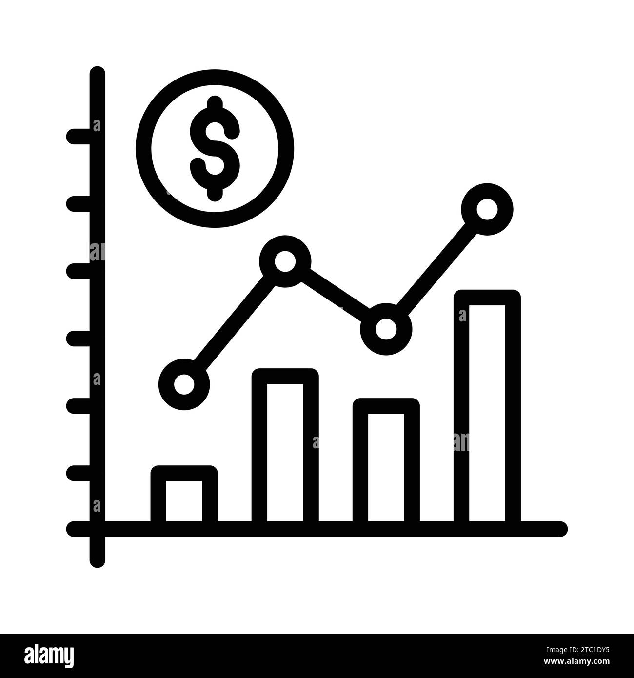 Balkendiagramm und Dollarmünze, die die Analyse und Interpretation von Finanzdaten darstellen, Vektor für die Analyse von Finanzdaten. Stock Vektor