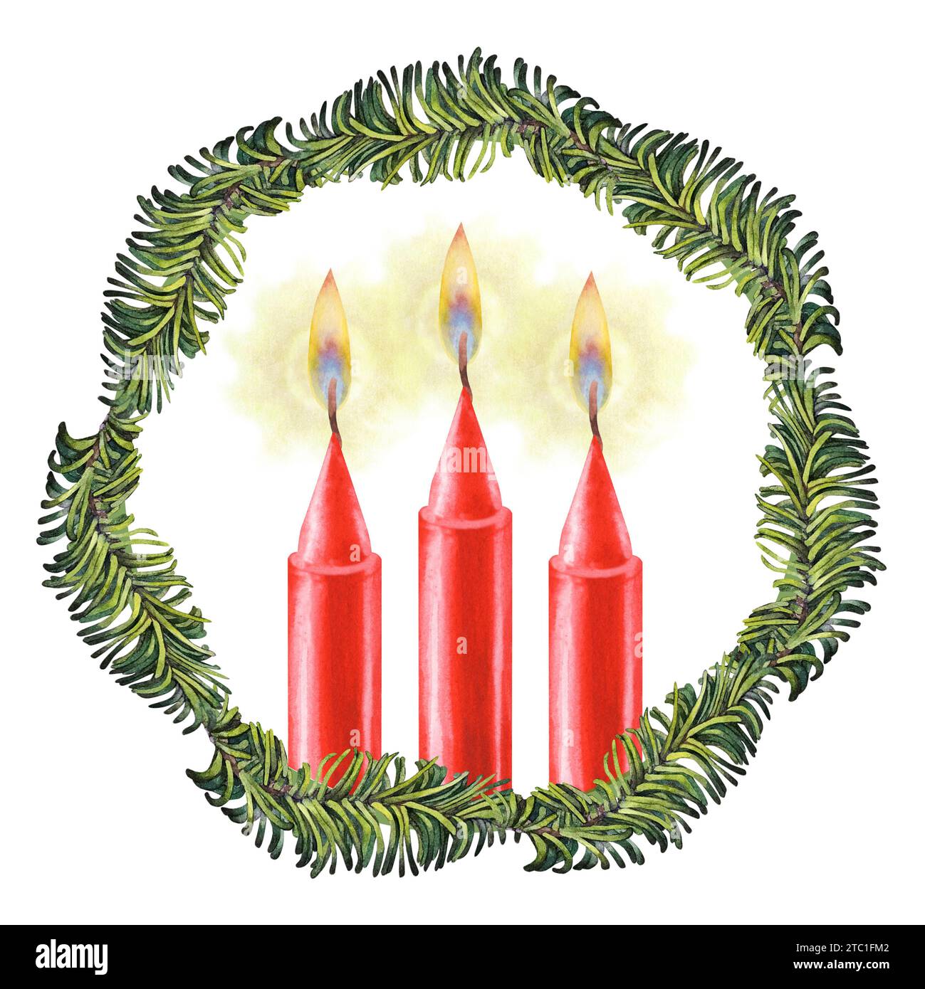 Aquarell rote Kerzen mit Flamme in einem Rahmen von Tannenzweigen für Weihnachten, Kerzen, Hochzeit, Geburtstag, Ostern, Magie, Gedenktag, Spa und Urlaub Stockfoto