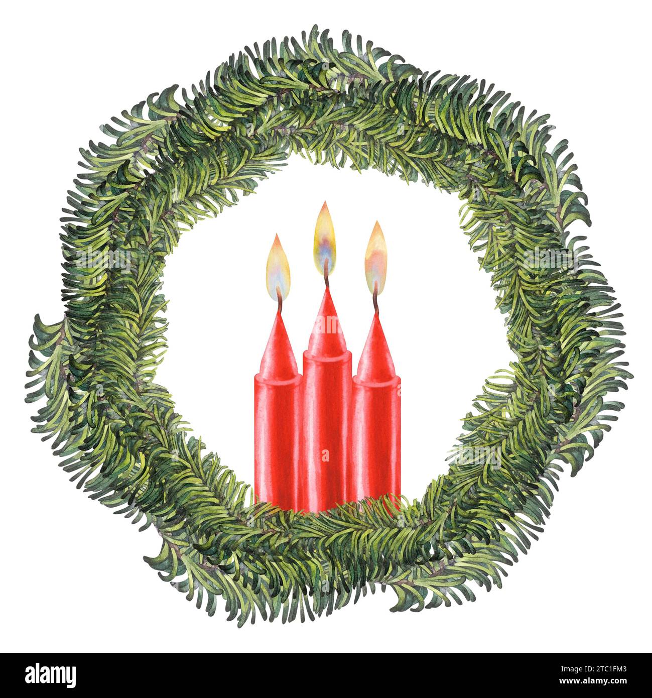 Aquarell rote Kerzen mit Flamme in einem Rahmen von Tannenzweigen für Weihnachten, Kerzen, Hochzeit, Geburtstag, Ostern, Magie, Gedenktag, Spa und Urlaub Stockfoto