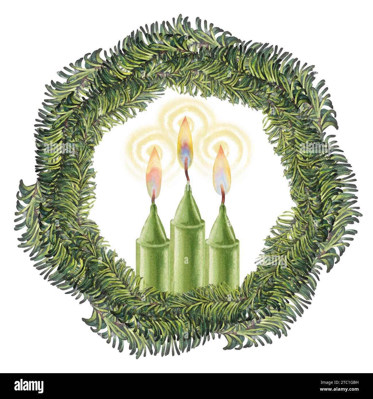 Grüne Kerzen mit Flamme in einem Rahmen aus Tannenzweigen für Weihnachten, Kerzen, Hochzeit, Geburtstag, Ostern, Magie, Gedenktag, Spa und Urlaub Stockfoto