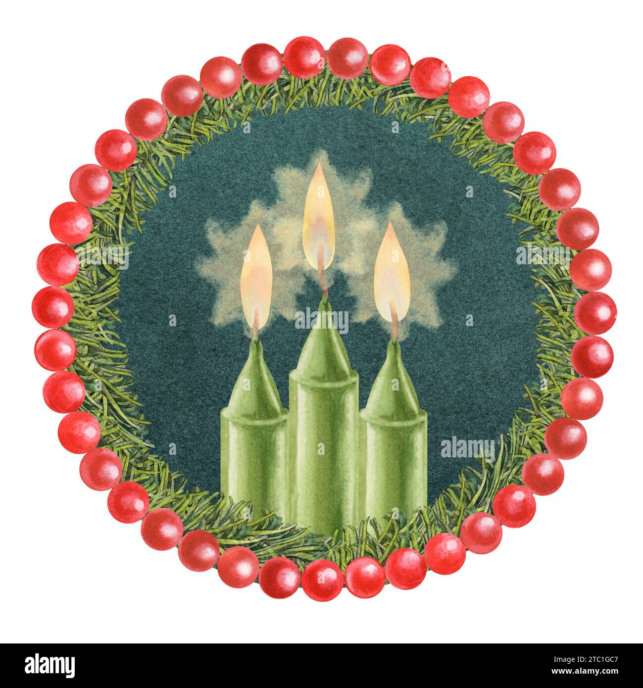 Grüne Kerzen mit Flamme in einem Rahmen aus Tannenzweigen für Weihnachten, Kerzen, Hochzeit, Geburtstag, Ostern, Magie, Gedenktag, Spa und Urlaub Stockfoto