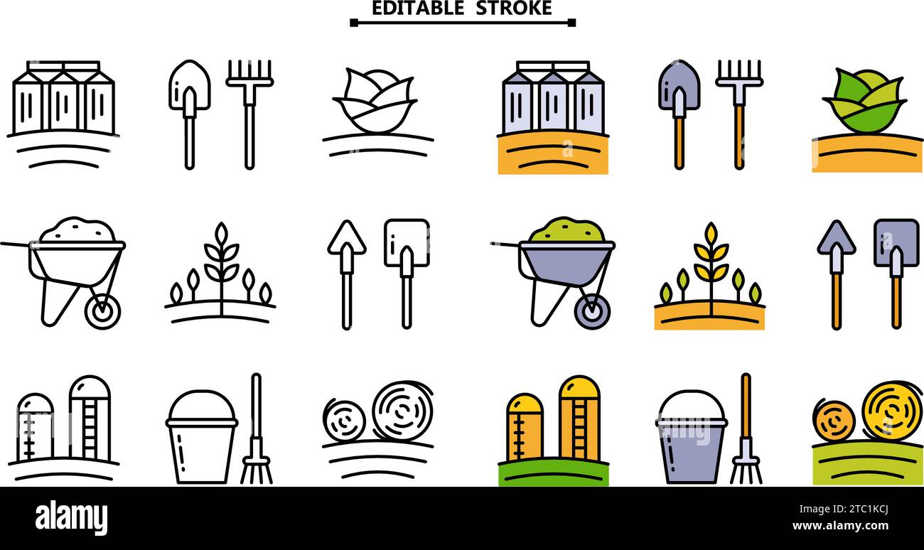 Symbole für die Landwirtschaft eingestellt. Bearbeitbare Kontur. Farb-Vektorsymbole für Landwirtschaft. Symbole, Logos Illustrationssatz. Einfache Vektorgrafiken. Stock Vektor