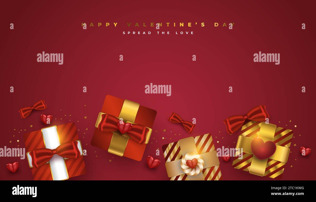 Valentinstag-Grußbanner mit realistischen roten und goldenen Geschenkboxen und glitzerndem Goldkonfetti auf rotem Hintergrund Stock Vektor