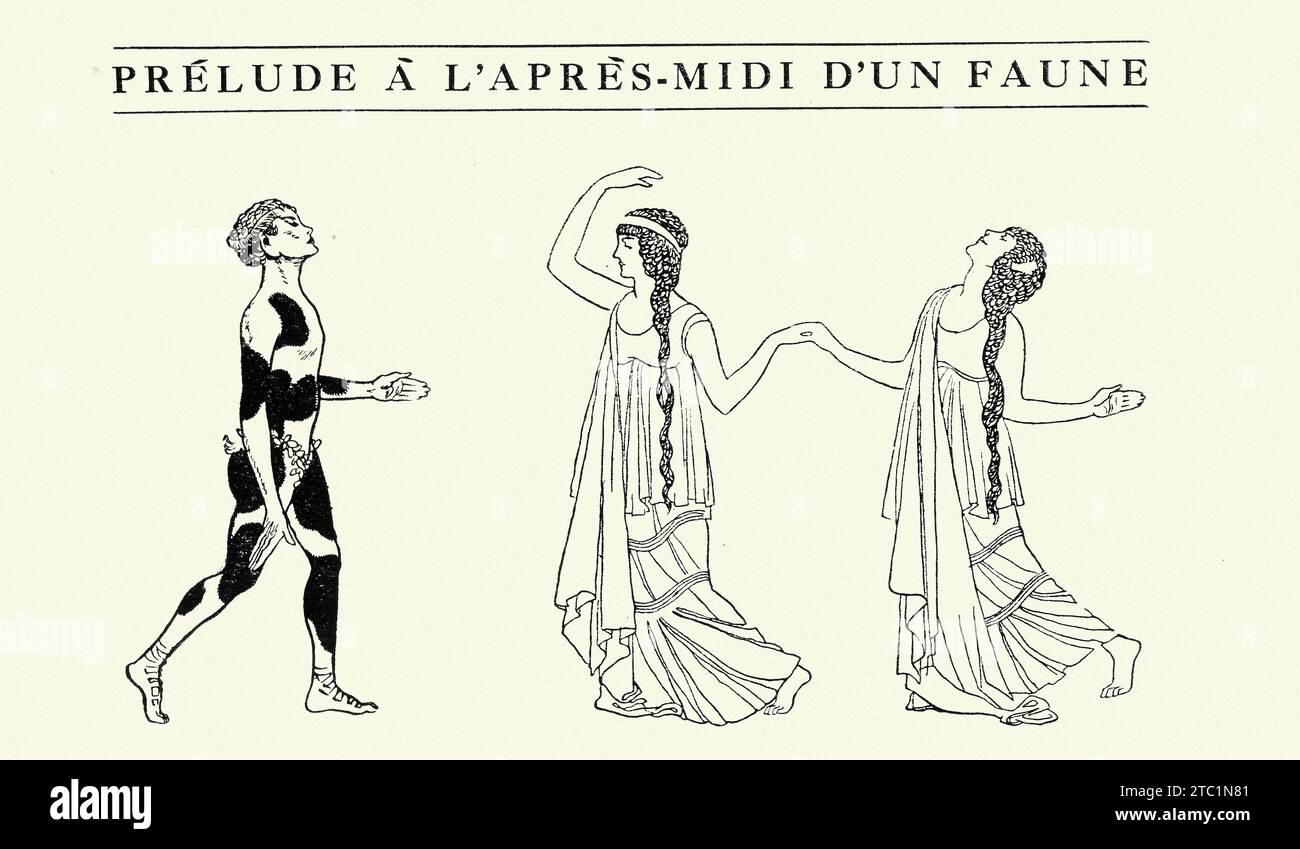 Szene- und Kostümgestaltung für Prelude to the Afternoon of a Faun, Prélude à l'après-midi d'un faune, ein symphonisches Gedicht für Orchester von Claude Debussy Stockfoto