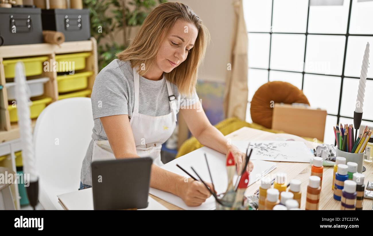 Die strahlende, junge blonde Künstlerin skizziert fröhlich auf ihrem Touchpad und gießt ihre Seele in die digitale Leinwand an ihrem gemütlichen Schreibtisch im Kunststudio Stockfoto