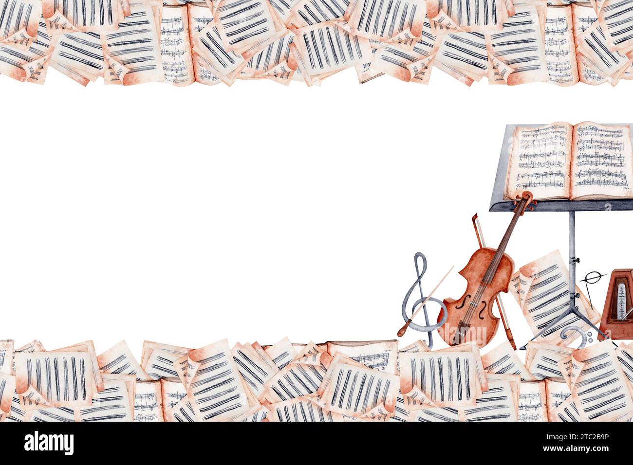 Violine, Notenständer, Noten, Metronome Aquarellillustration. Poster mit klassischer Musik, Kartenflyer, Zertifikat-Design. Platz für Ihren Text. Stockfoto