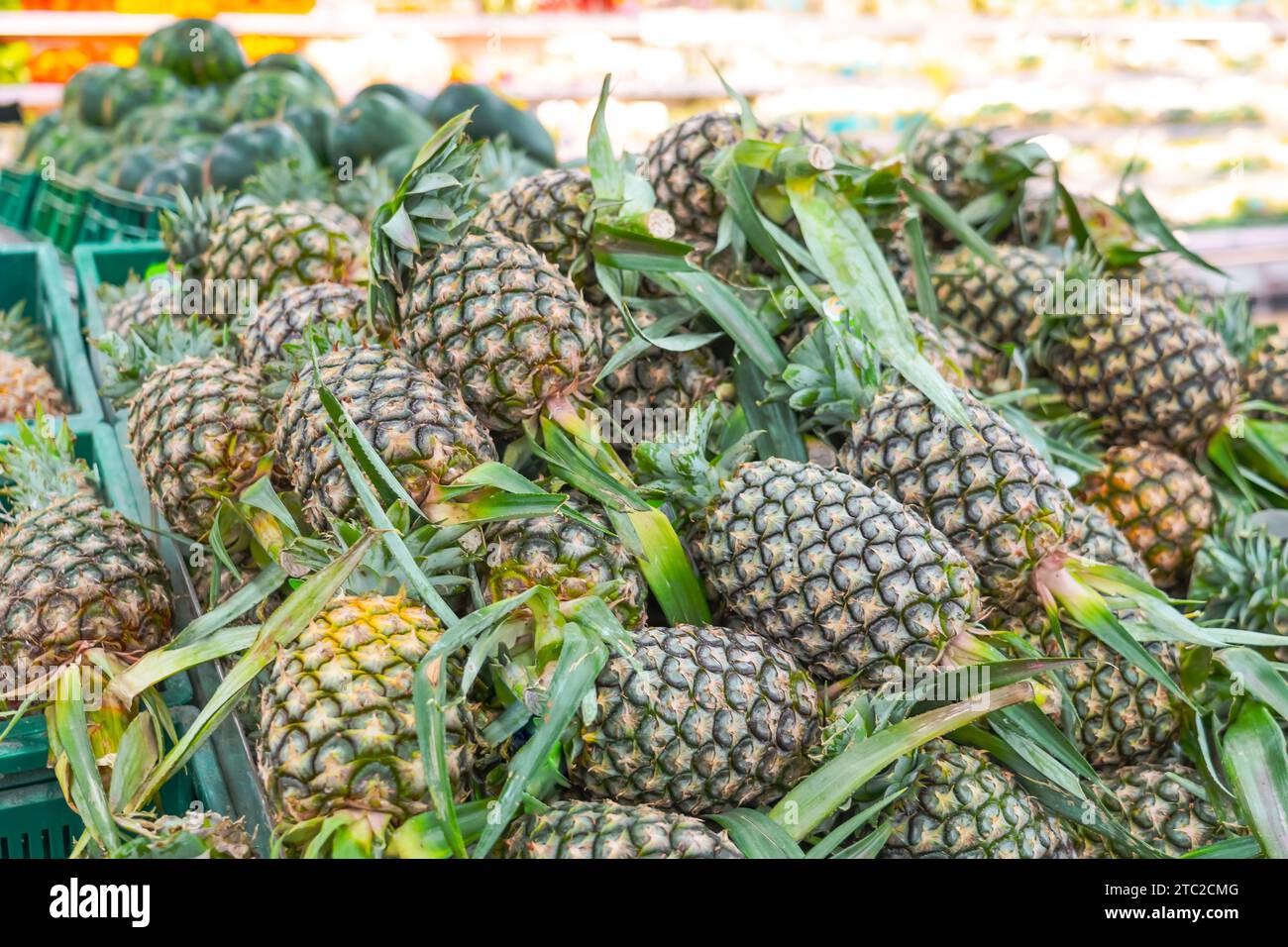 Regal mit frischen ganzen Ananas auf dem Lebensmittelmarkt. Exotische Früchte von Bio-Bauernhöfen. Merchandising von Früchten bei Marktkäufern Stockfoto
