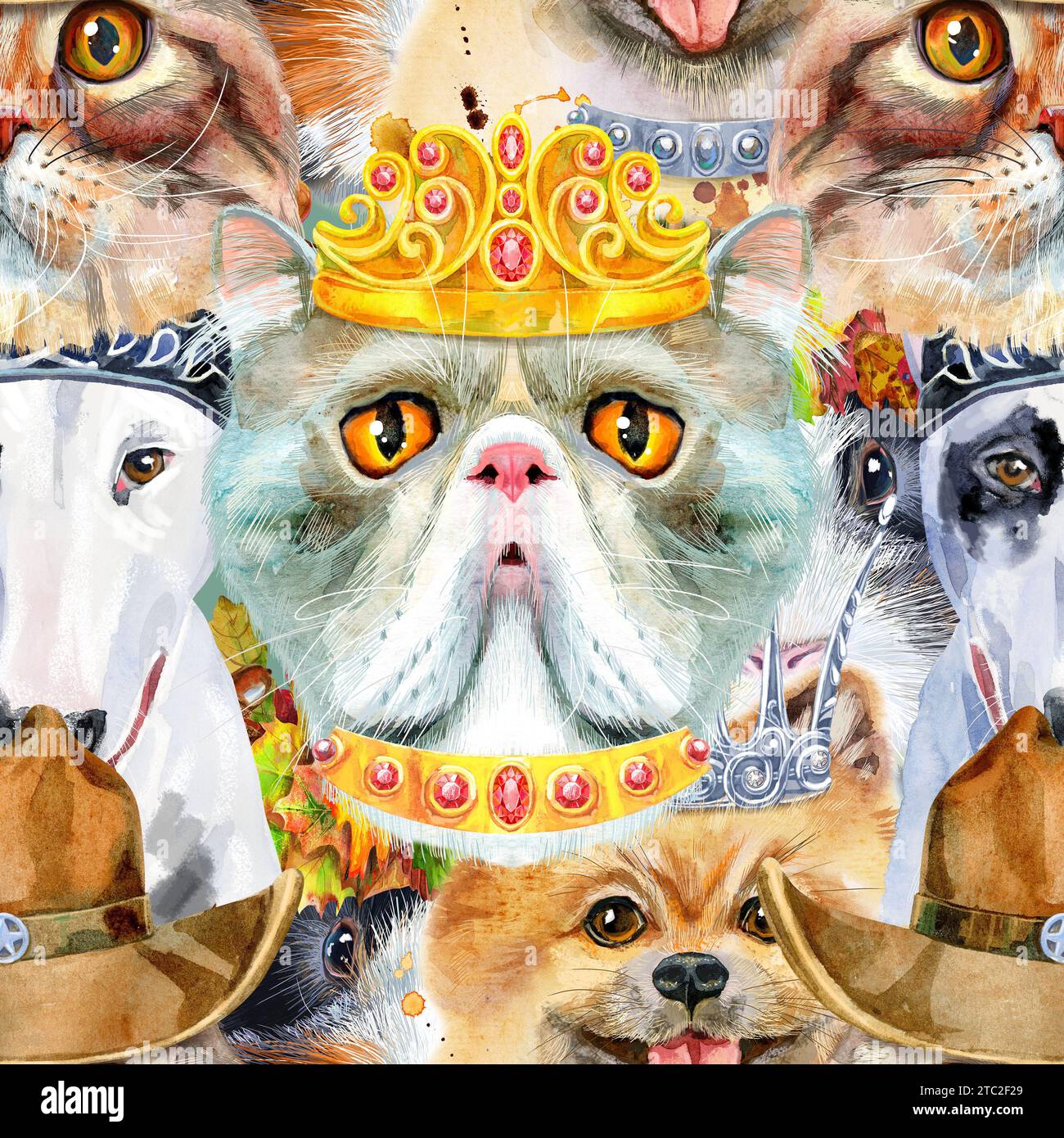 Nahtloses Muster für Haustiere. Handbemalte Aquarellzeichnung, isolieren Sie ClipArt auf weißem Hintergrund. Stockfoto