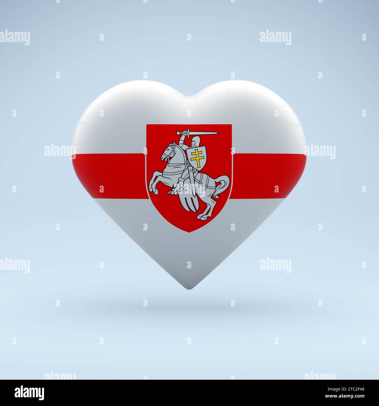 Staatssymbol der Republik Weißrussland auf Hochglanzabzeichen. Symbol in Form eines Herzens mit dem Bild der Nationalflagge der Republik Belarus Stockfoto