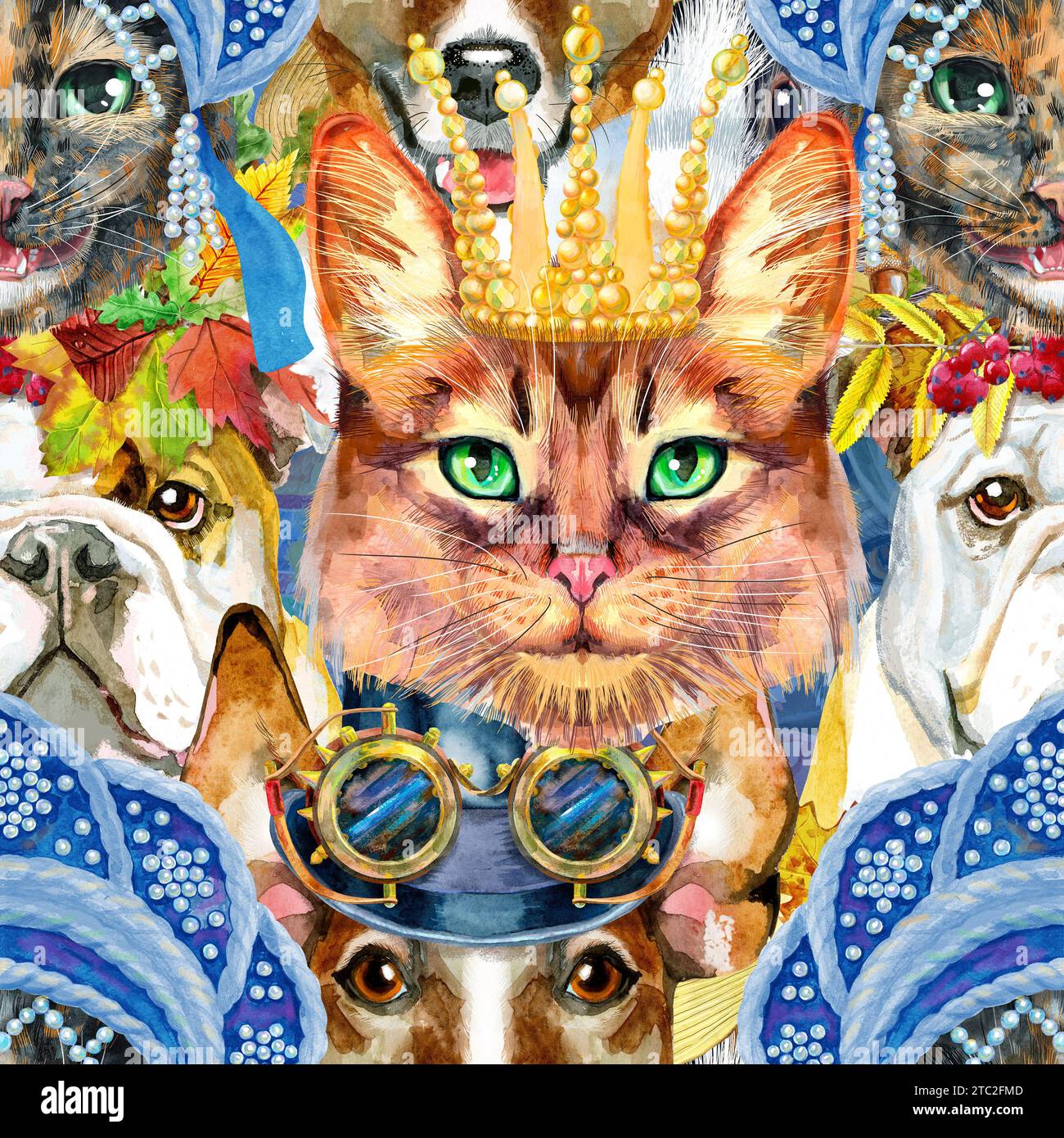 Nahtloses Muster für Haustiere. Handbemalte Aquarellzeichnung, isolieren Sie ClipArt auf weißem Hintergrund. Stockfoto