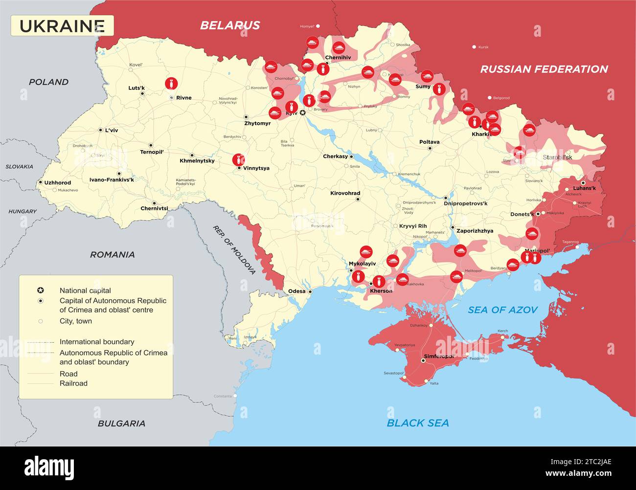 Ukraine Kriegskarte. Russland in der Ukraine und im Nahen Osten. Russischer Militärkonflikt mit der Ukraine. Russische Agression. Geopolitische Konzeptdarstellung. Stockfoto
