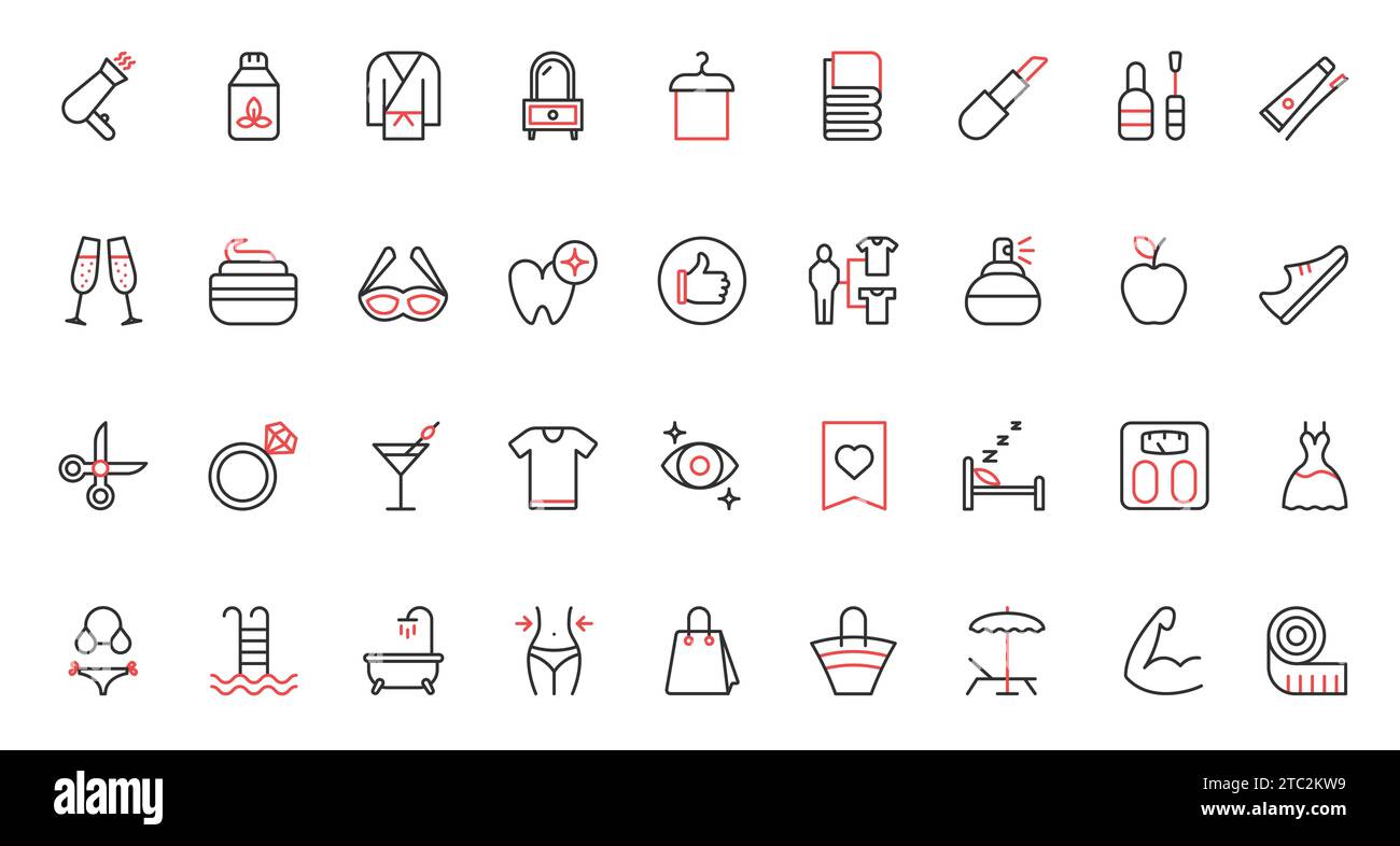 Mode und Schönheit, Kosmetik rote schwarze dünne Linien Symbole dienen der Vektordarstellung. Nagellack, Spa-Salon, Friseursalon für Gesundheit, Haar- und Hautpflege, Kleidung und Zahnaufhellung ausprobieren, gesundes Essen. Stock Vektor
