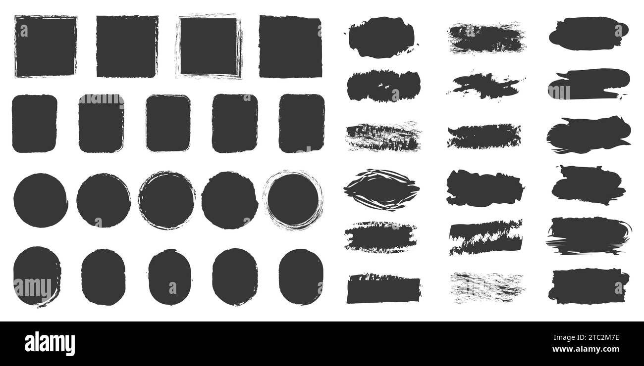 Satz von Grunge-Rahmen Stempel Quadrate, ovale, Hintergründe Pinselstriche, dekorative Pinsel, Vektor-Silhouetten Aufkleber Rahmen Stock Vektor