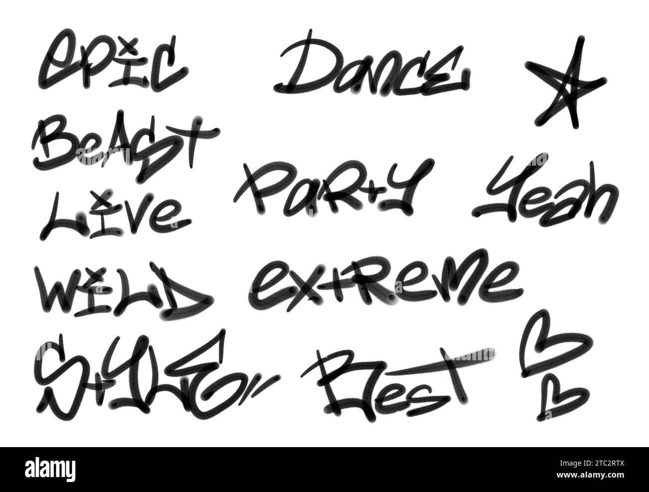 Sammlung von Graffiti Street Art Tags mit Wörtern und Symbolen in schwarzer Farbe auf weißem Hintergrund Stockfoto