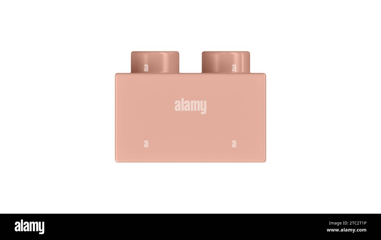 Staubiger rosafarbener Lego-Block isoliert auf weißem Hintergrund. Nahansicht eines Plastik-Kinderspielziegels für Konstrukteure, Seitenansicht. Hochwertiges 3D-Rendering mit einem Arbeitspfad. 8K Ultra HD, 7680 x 4320 Stockfoto