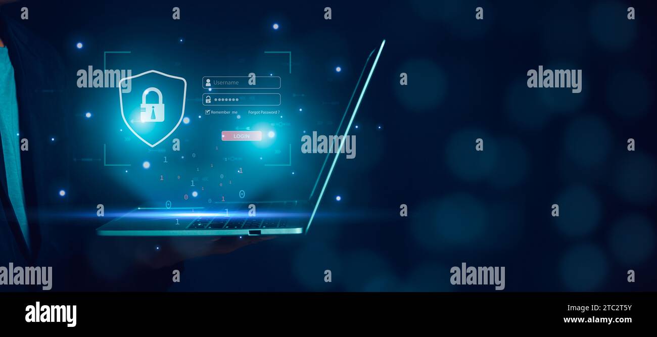 Cyber-Sicherheit und Passwort-Login-Konzept, Hands verwendet Computer und gibt Benutzernamen und Passwort des Datennetzwerks ein, loggen Sie sich mit Laptop an Digital infor Stockfoto
