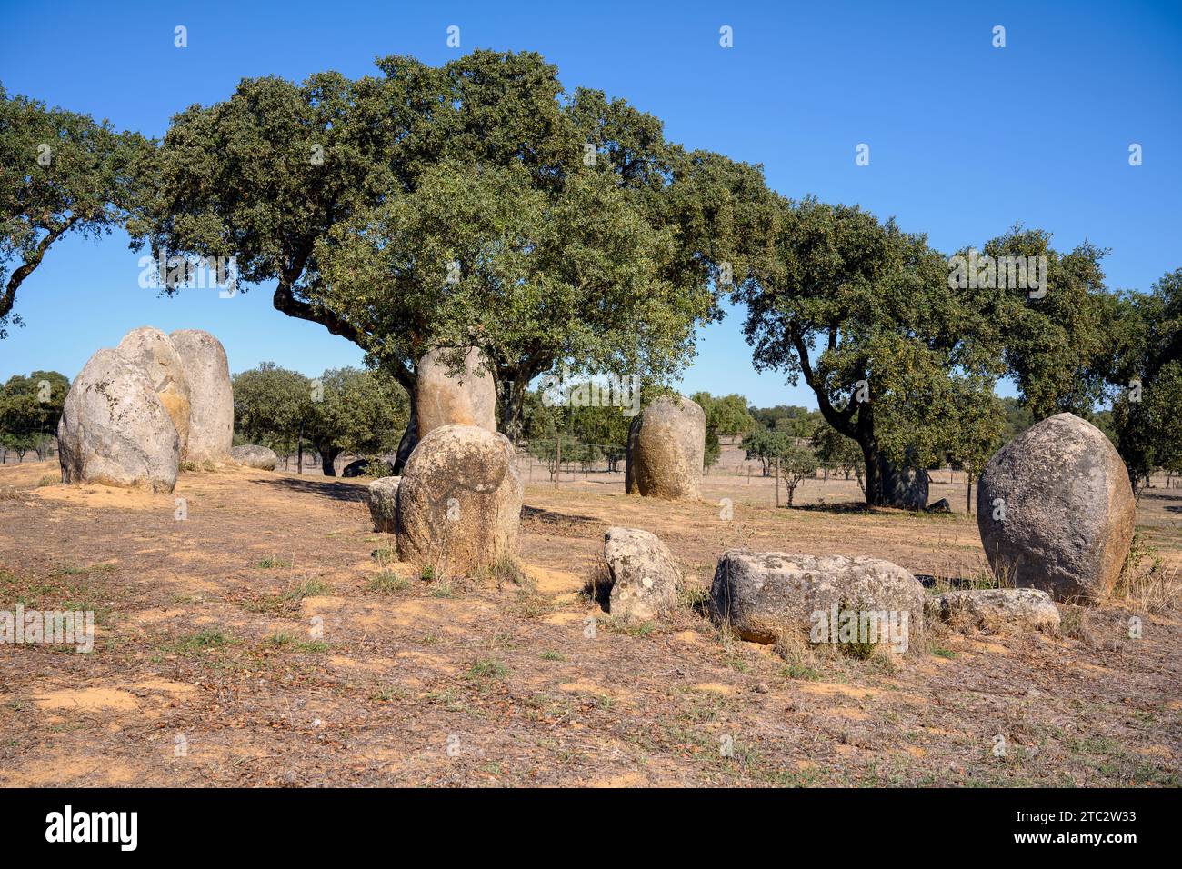 Cromeleque de Vale Maria do Meio das Vale Maria do Meio Cromlech ist ein megalithischer Steinkreis im Bezirk Evora in der Region Alentejo in Por Stockfoto