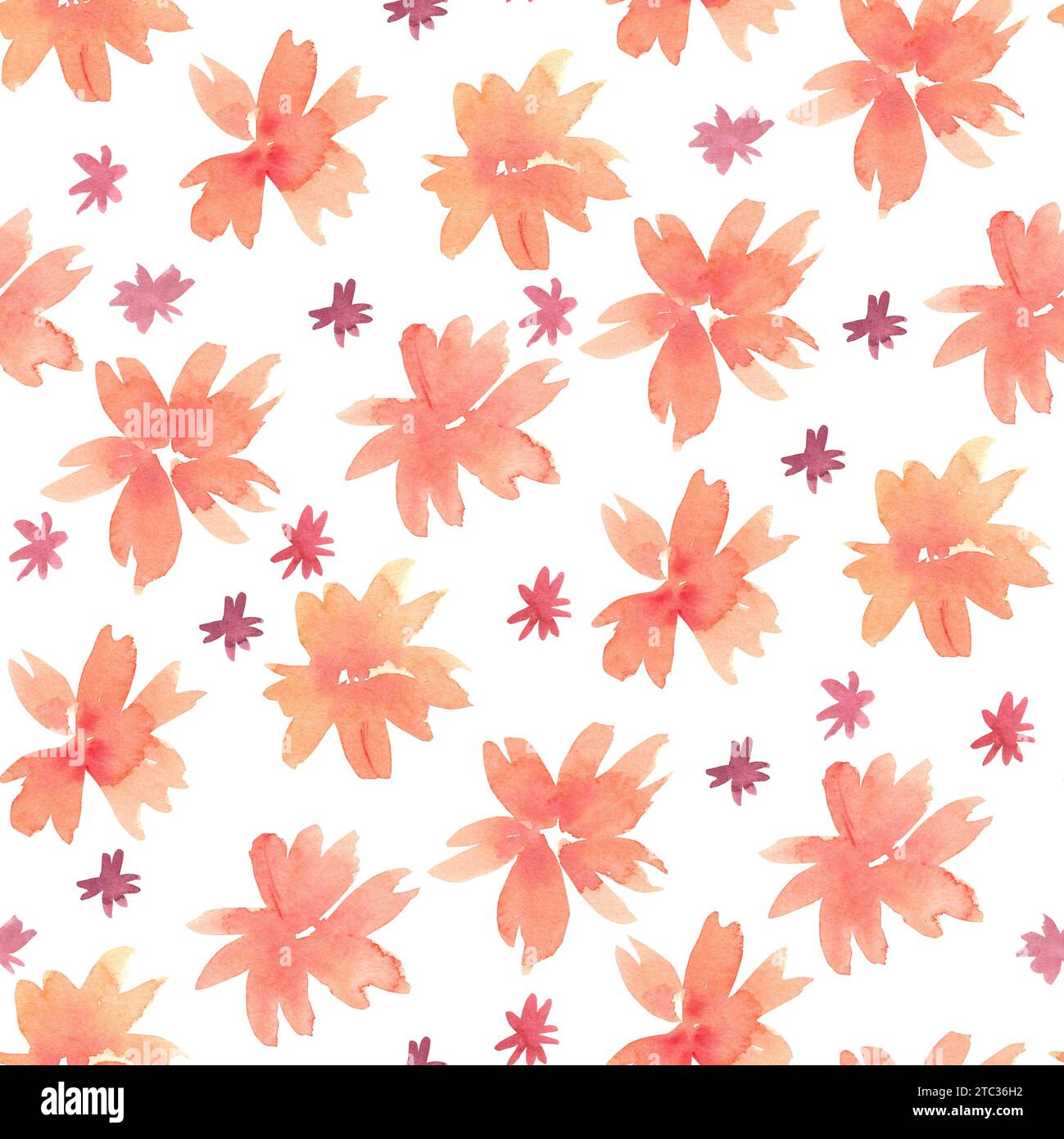 Blumenmuster in Wasserfarben. Muster mit orangefarbenen und kleinen burgunderroten Blüten. Isoliertes, handlackiertes Design. Botanische Illustration für Hochzeitsdesign Stockfoto