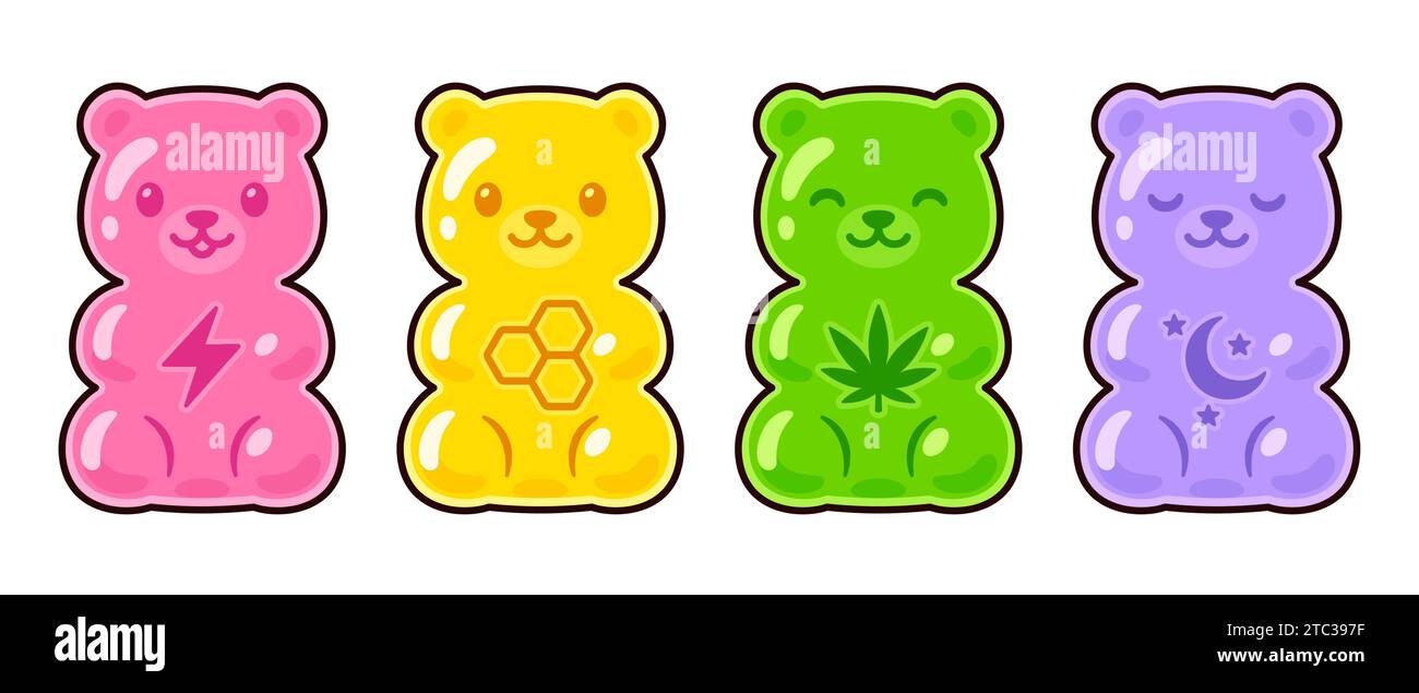 Niedliches Zeichentrickergänz Gummibär Zeichensatz. Energie, Multivitamin, CBD essbar, Melatonin. Illustration von Vektorclips. Stock Vektor