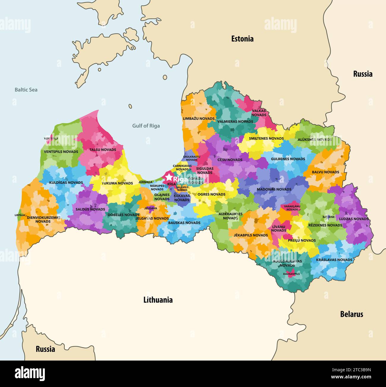 Lettland weist eine hochdetaillierte Vektorkarte (mit Verwaltungseinheiten: Städte, Gemeinden, Gemeinden und Gemeinden) mit Nachbarländern und auf Stock Vektor